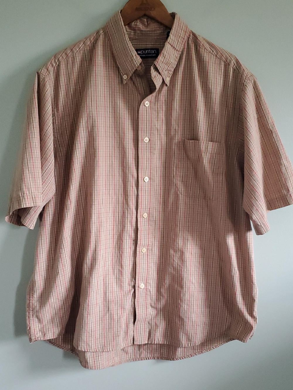 Puritan Short-Sleeve Plaid Button-Down Shirt — Tan & Red Stripes